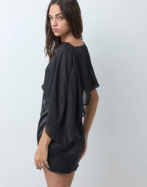 New Look chiffon cape detail satin mini dress in black, 3 of 5