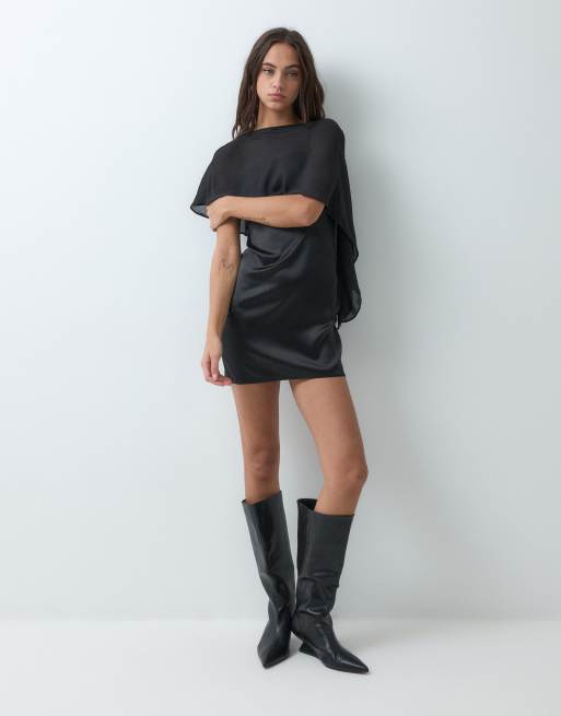 New Look chiffon cape detail satin mini dress in black, 4 of 5