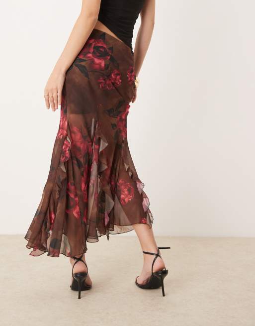 New Look - Chiffon midaxi rok met ruches in bruin-rode print, 5 van 5
