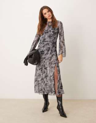 New Look Chiffon Midi Dress In Grey Pattern - Asos Midi Dress New In 30th October 2024