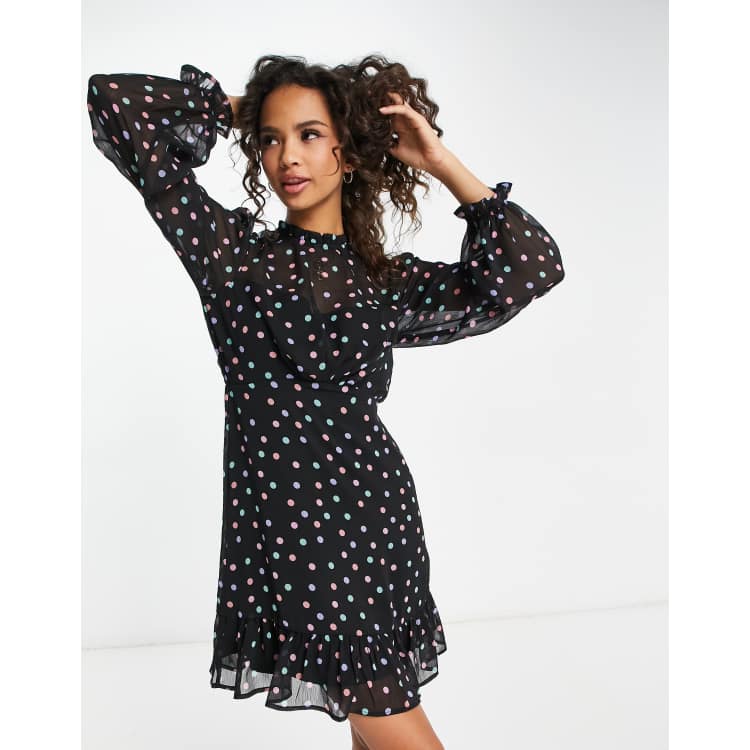 New Look Chiffon Mini Dress in Black Polka Dot