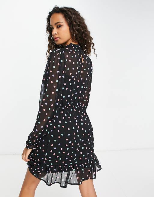 Vintage Black Chiffon Polka Dot Polka Dot Dress With Pleated