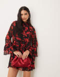 [New Look] New Look chiffon mini dress in rose print-Red 14 69-Red Pattern