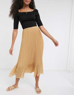 New Look Chiffon Pleated Midi Skirt In Camel-brown