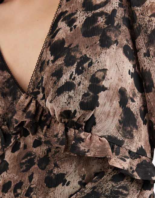 New Look chiffon ruffle detail v neck mini dress in brown leopard print, 4 of 4