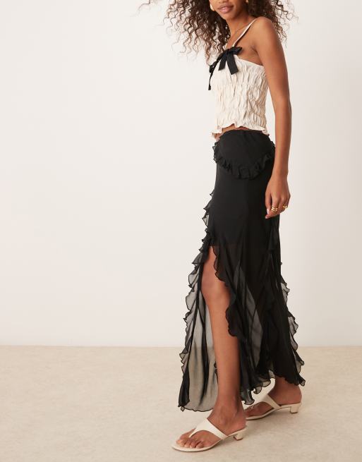 New Look chiffon ruffle maxi skirt in black