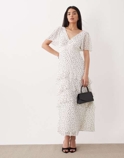 New Look chiffon tiered polka dot maxi dress in cream