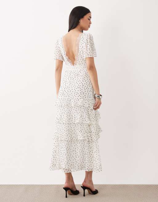 New Look chiffon tiered polka dot maxi dress in cream, 4 of 4