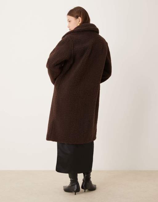 New Look - Chokoladebrun lang frakke i imiteret lammeskind, 3 af 4