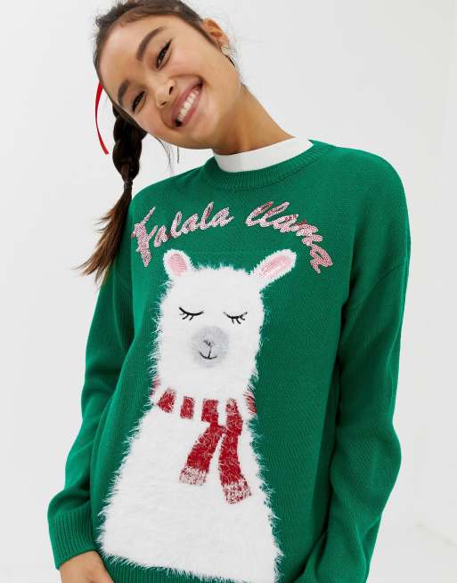 New Look christmas jumper with llama print in green