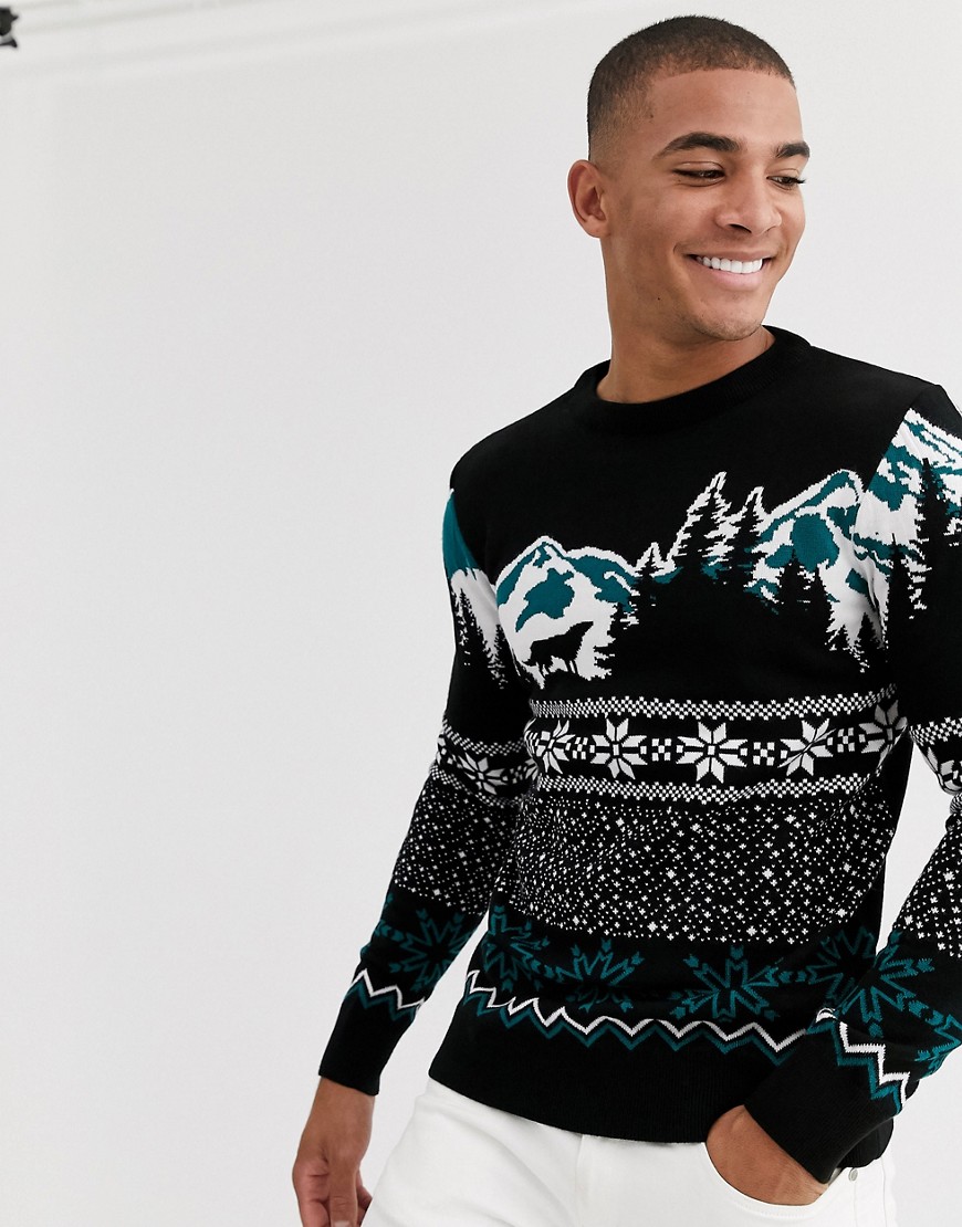 New Look Christmas jumper with mountain scene in black