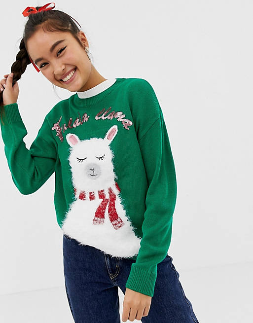 New Look christmas sweater with llama print in green