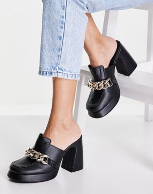 New Look chunky chain heeled loafer mule in black