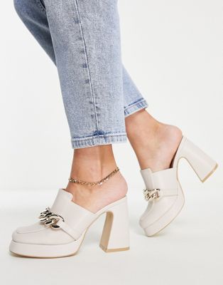 New Look chunky chain heeled loafer mule in off white