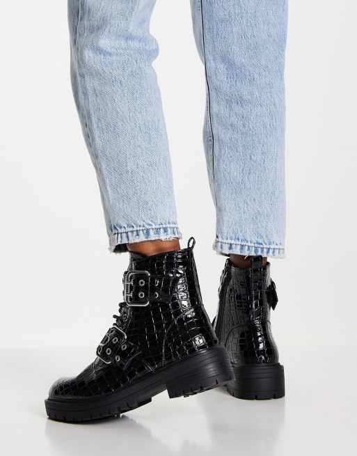 New Look chunky double buckle flat boot in black croc ASOS