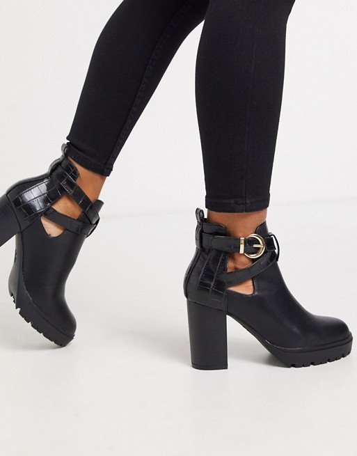 New Look chunky double buckle heeled boots in black