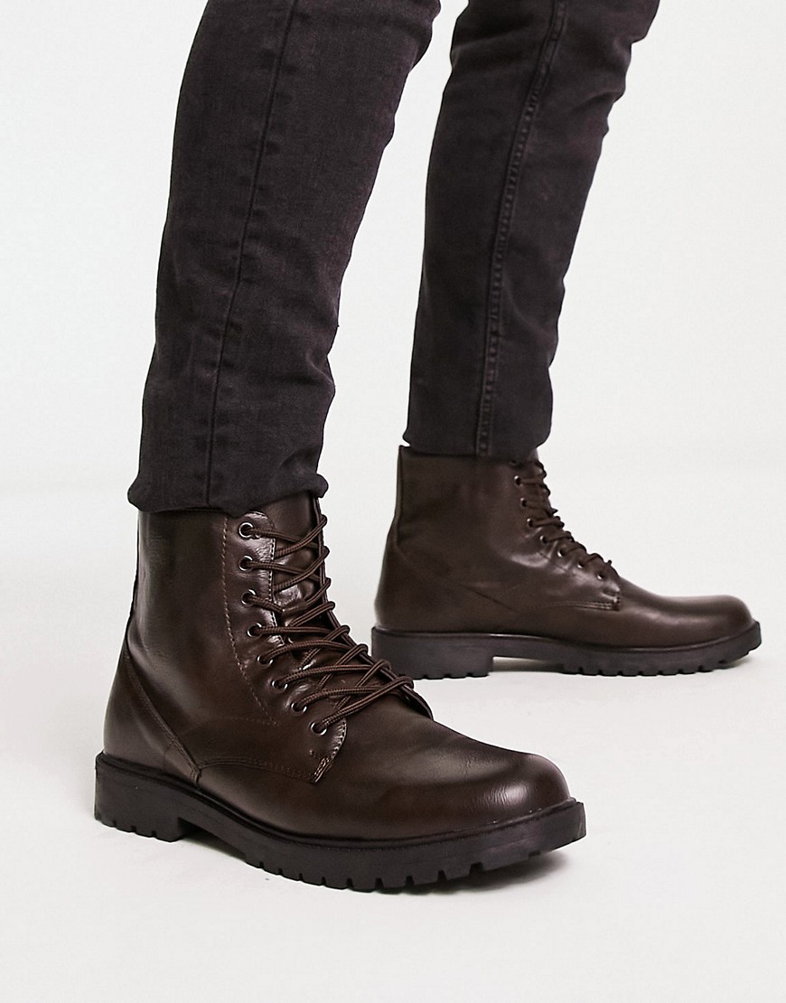 New Look Chunky Faux Leather Boots In Dark Brown In Black