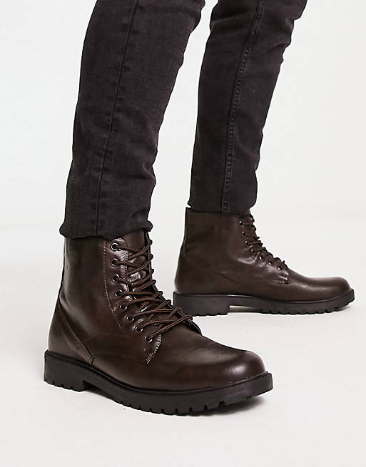 New Look chunky faux leather boots in dark brown | ASOS