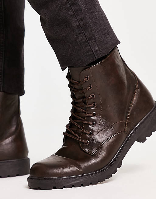 New Look chunky faux leather boots in dark brown | ASOS