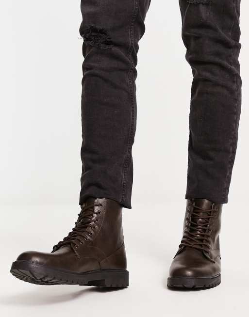 New Look chunky faux leather boots in dark brown | ASOS