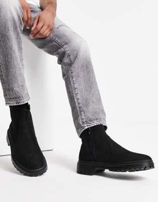 chunky faux suede chelsea boots in black