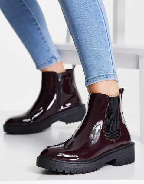 New Look chunky flat chelsea patent boot in red - view 1