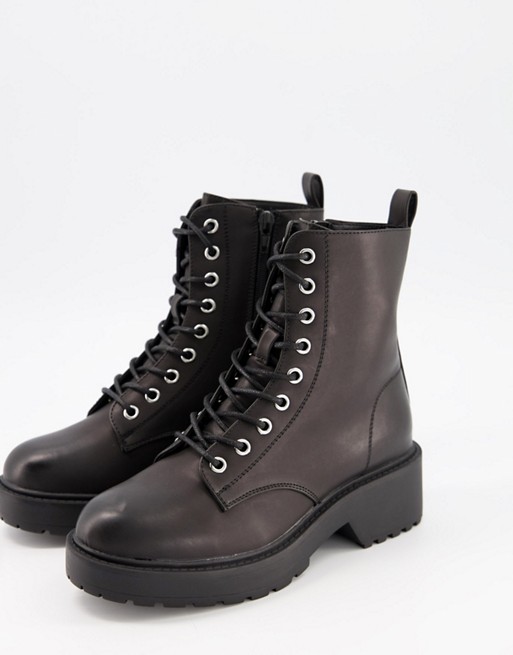 New Look chunky flat lace up flat boot in black