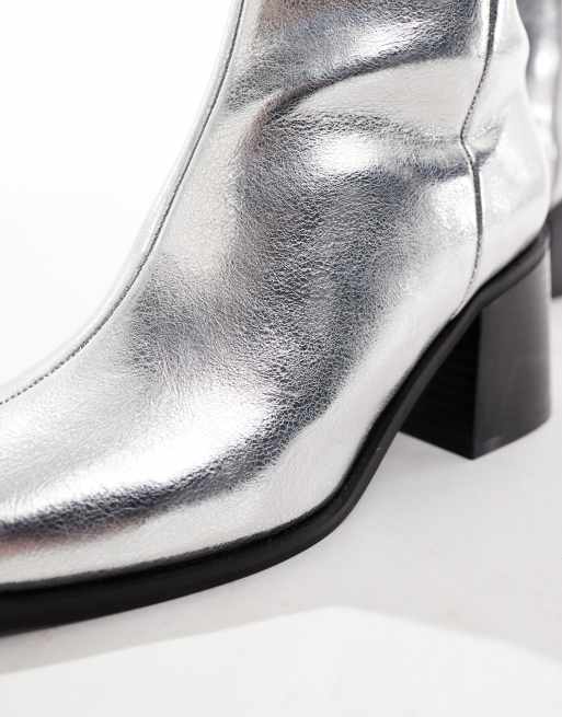 New Look chunky heel mid ankle boot in silver