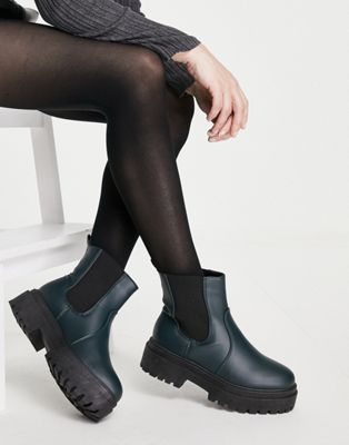 New Look chunky high ankle flat chelsea boot in dark green