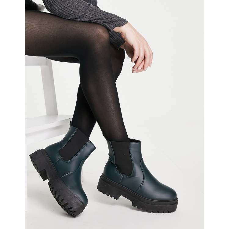 New Look chunky high ankle flat chelsea boots in dark green ASOS
