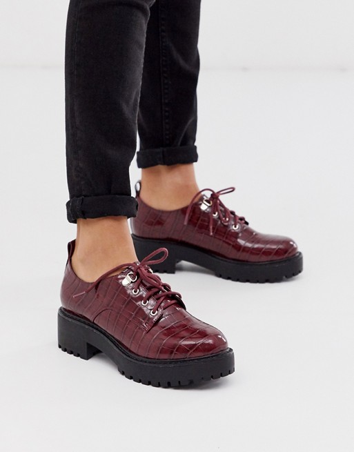 New Look chunky hiker lace up flat shoes in burgundy croc