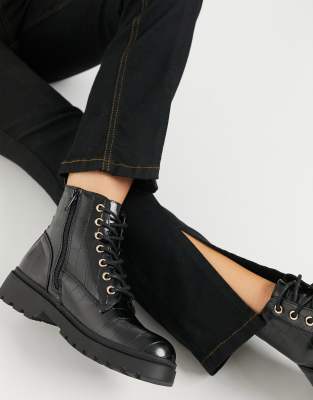 new look lace up flat boots in black croc