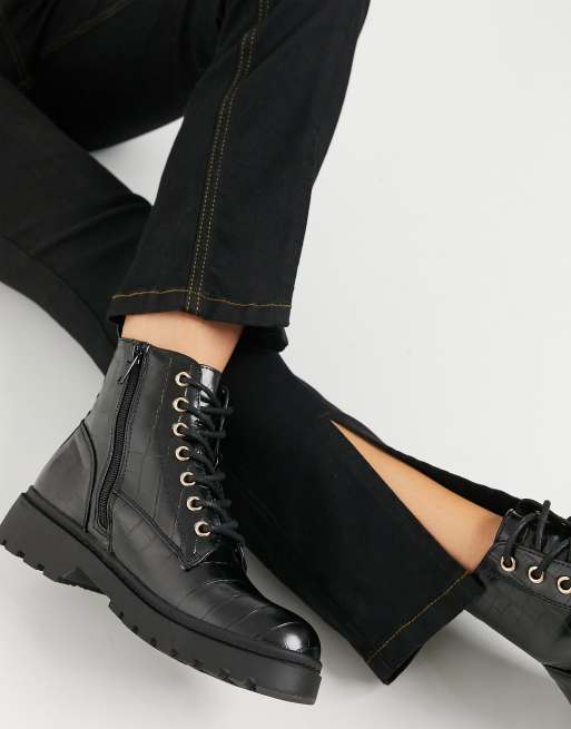 Black croc hot sale ankle boots flat