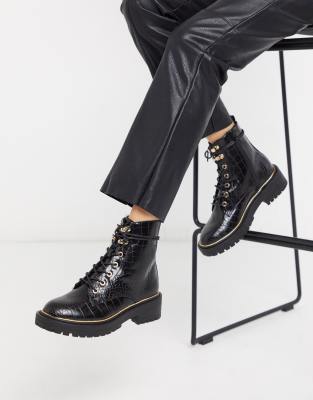 womens black lace up flat boots