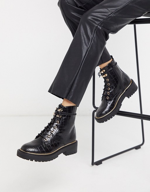 New Look chunky lace up flat boots in black croc