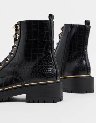 new look lace up flat boots in black croc