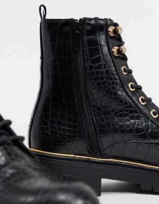 new look lace up flat boots in black croc