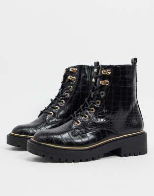 new look lace up flat boots in black croc