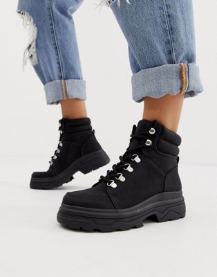 Look chunky lace up flat boots in black 