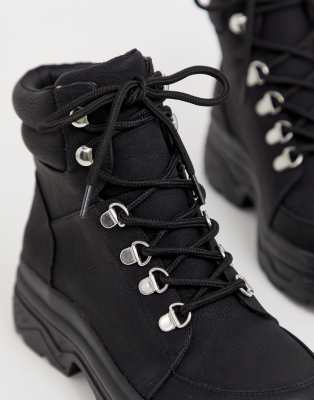 new look chunky flat hiker boots in black