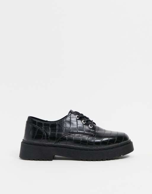new look chunky lace up flat boots in black croc
