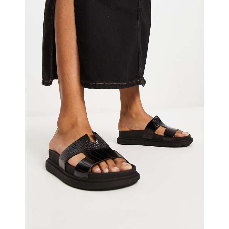 Black Faux Croc Double Buckle Chunky Sliders