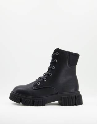 New Look Chunky Sole Lace Up Flat Boot In Black ModeSens