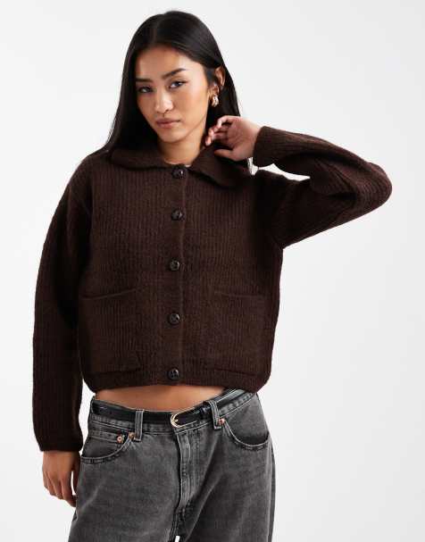New Look collar button through cardigan in dark brown