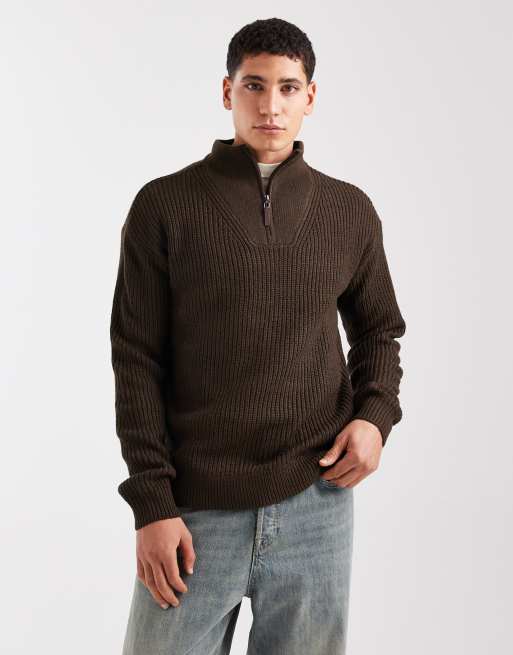 New Look – Ciemnobrązowy sweter z dzianiny o angielskim splocie z suwakiem pod szyją