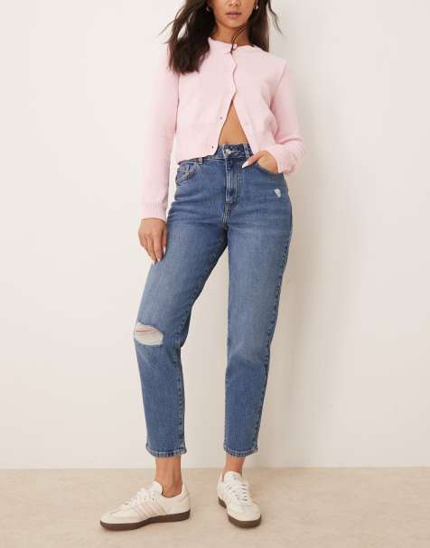 New Look – Ciemnoniebieskie jeansy mom fit z rozdarciami - view 1