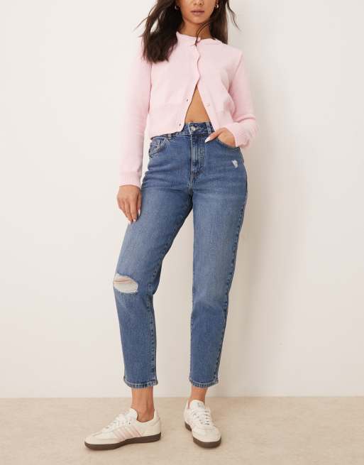 New Look – Ciemnoniebieskie jeansy mom fit z rozdarciami
