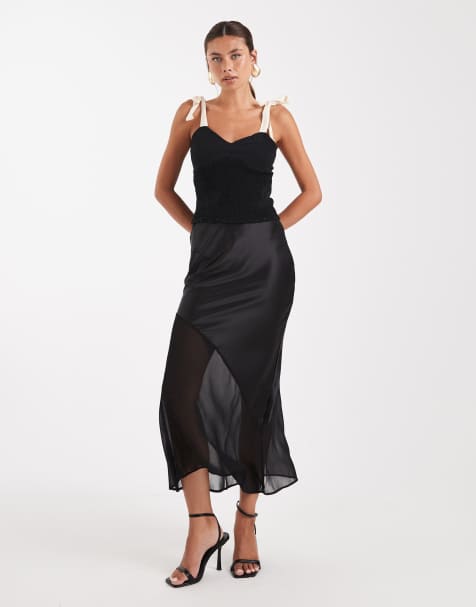 New Look satin and chiffon bias midi skirt in black