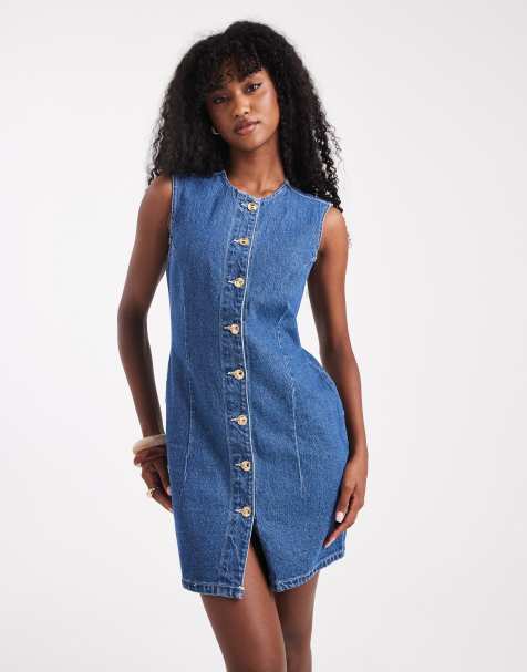 New Look cinched waist denim mini dress in blue - view 1