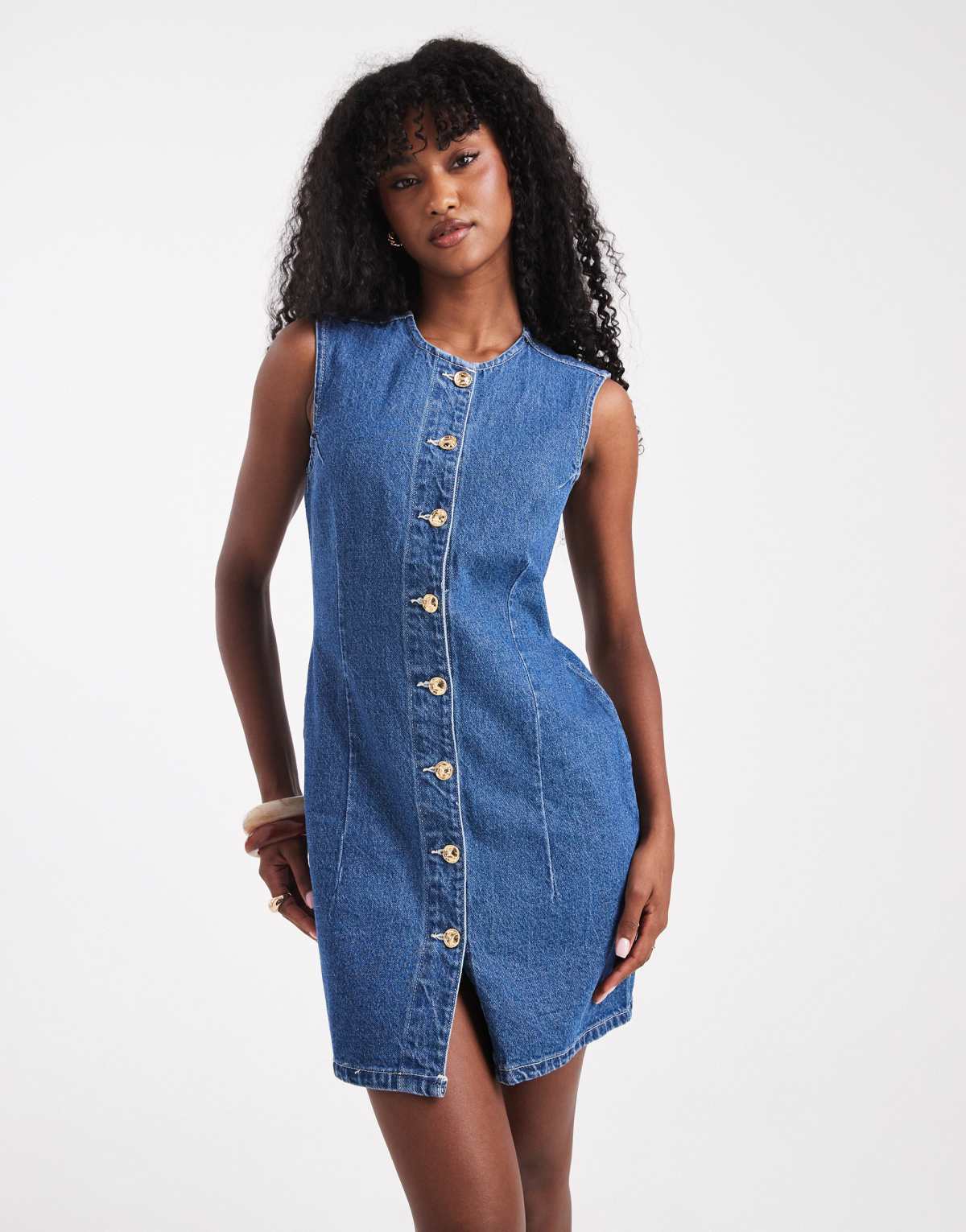 New Look cinched waist denim mini dress in blue